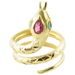 18 Karat Yellow Gold Ruby and Turquoise Snake Ring
