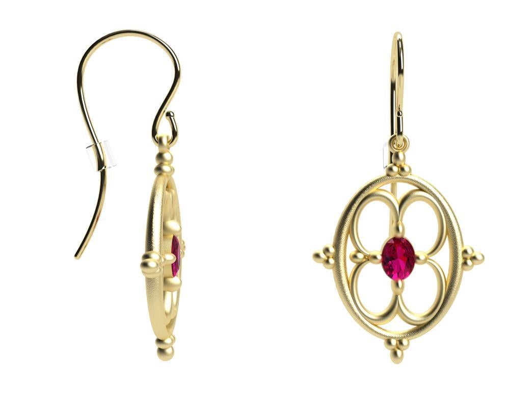 Oval Cut 18 Karat Yellow Gold Ruby Arabesque Earrings For Sale