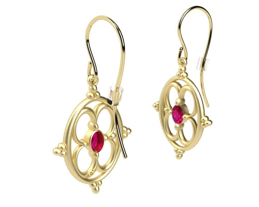 Women's 18 Karat Yellow Gold Ruby Arabesque Earrings For Sale
