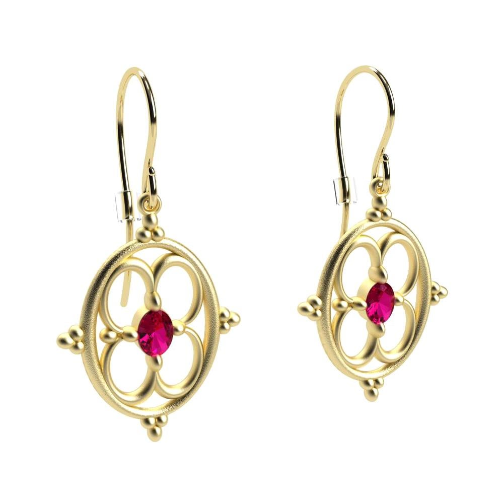 18KY Gold Oval Ruby Arabesque Earrings,  18 Karat  satin matte gold finish with A quality oval rubies. This design came from 2008 when I began the Arabesque curves. Custom orders for your birthstone available also. Made to order allow 4 weeks