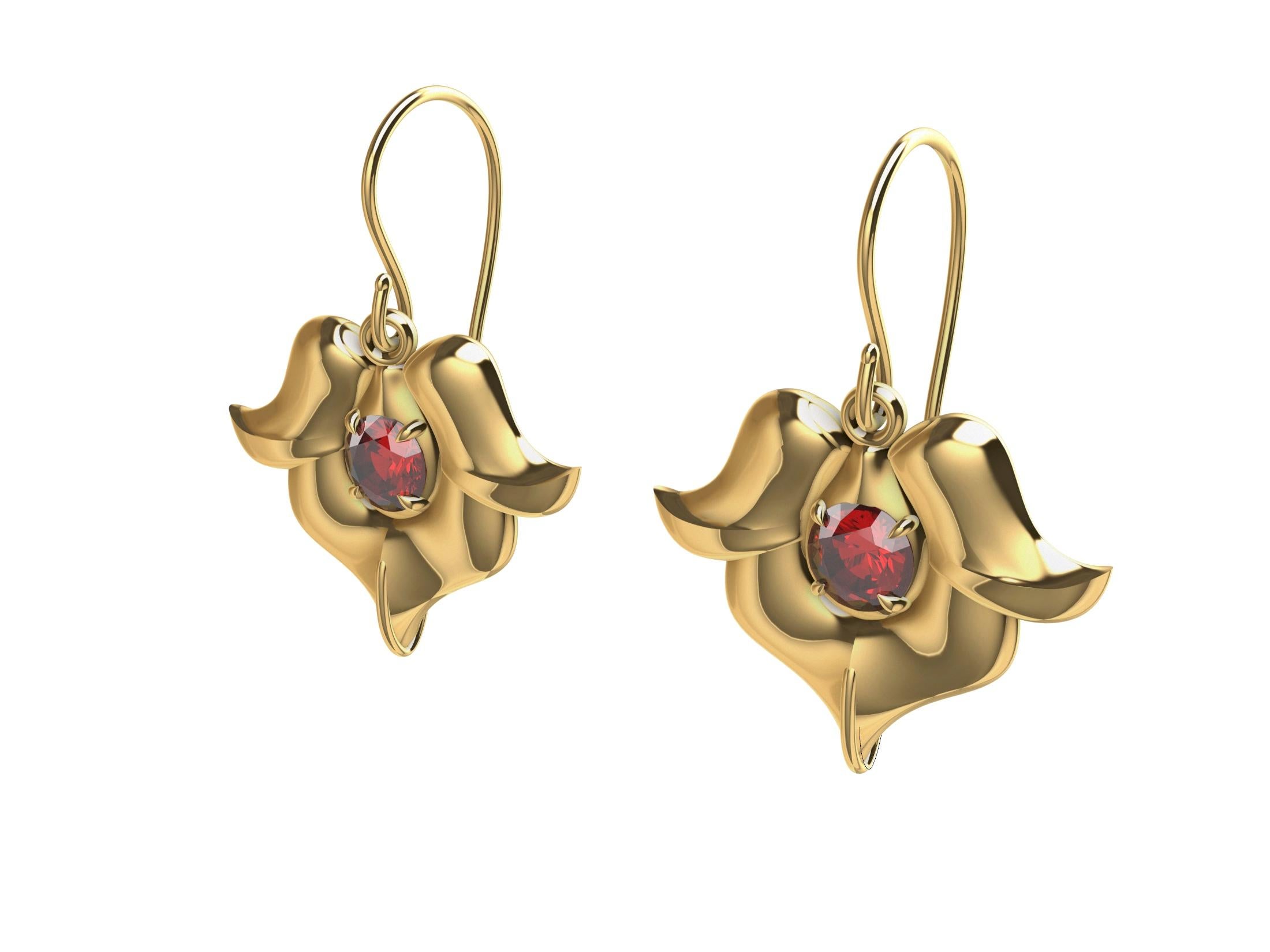 18 Karat Yellow Ruby Arabesque Flower Earrings, These came from ornamental ironwork inspiration with my love of arabesque curves, and flower studies. Years of photographing flowers for their sculptural influences. and inspiration.  The rubies are