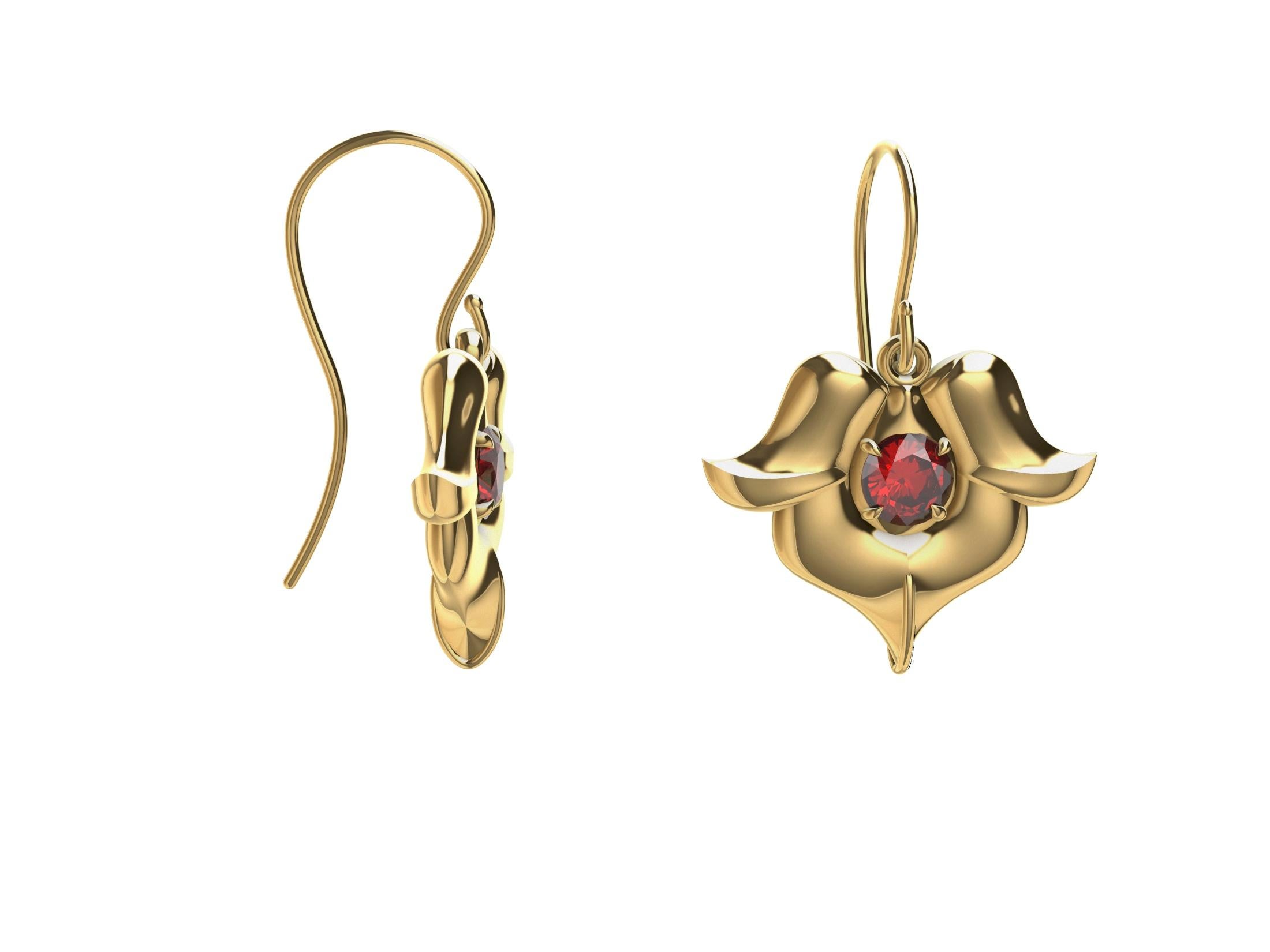 Women's 18 Karat Yellow Gold Ruby Arabesque Flower Earrings For Sale