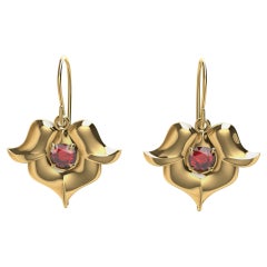18 Karat Yellow Gold Ruby Arabesque Flower Earrings