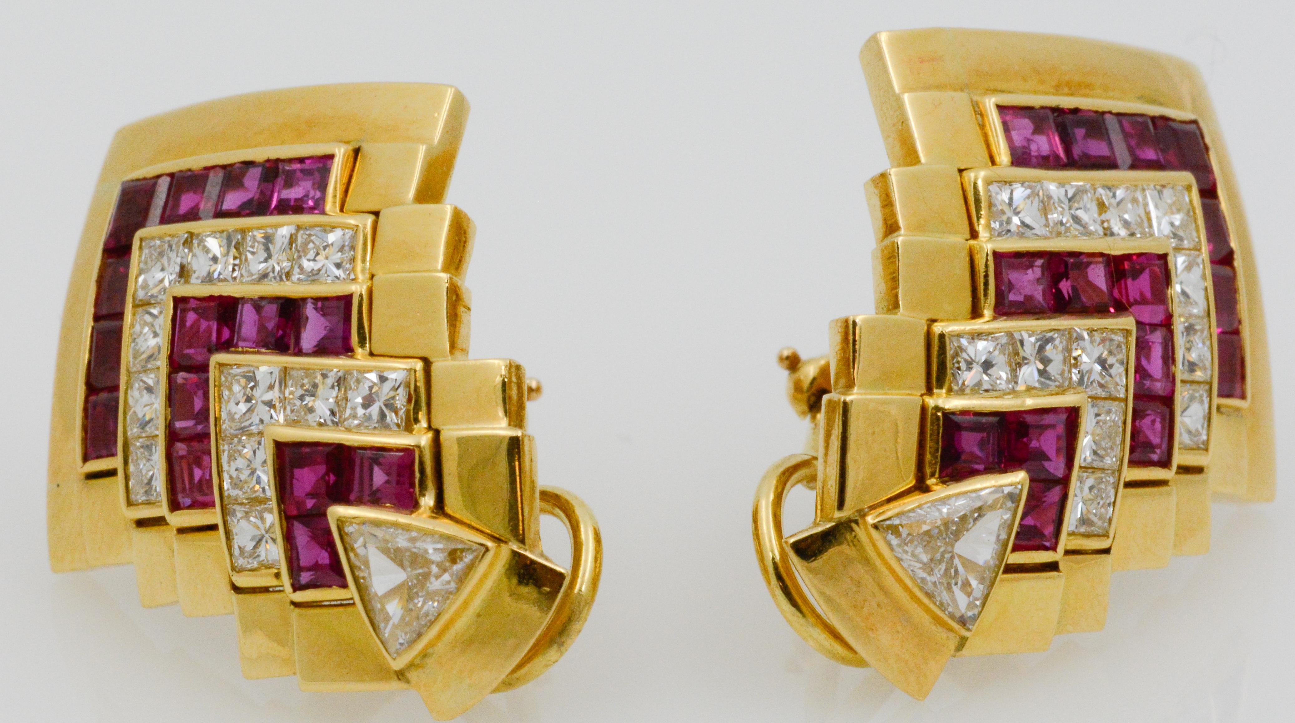 Pendientes de clip de oro amarillo de 18 quilates con rubí Chevron en venta 4
