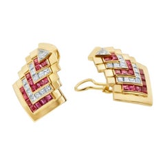 18 Karat Yellow Gold Ruby Chevron Clip-On Earrings