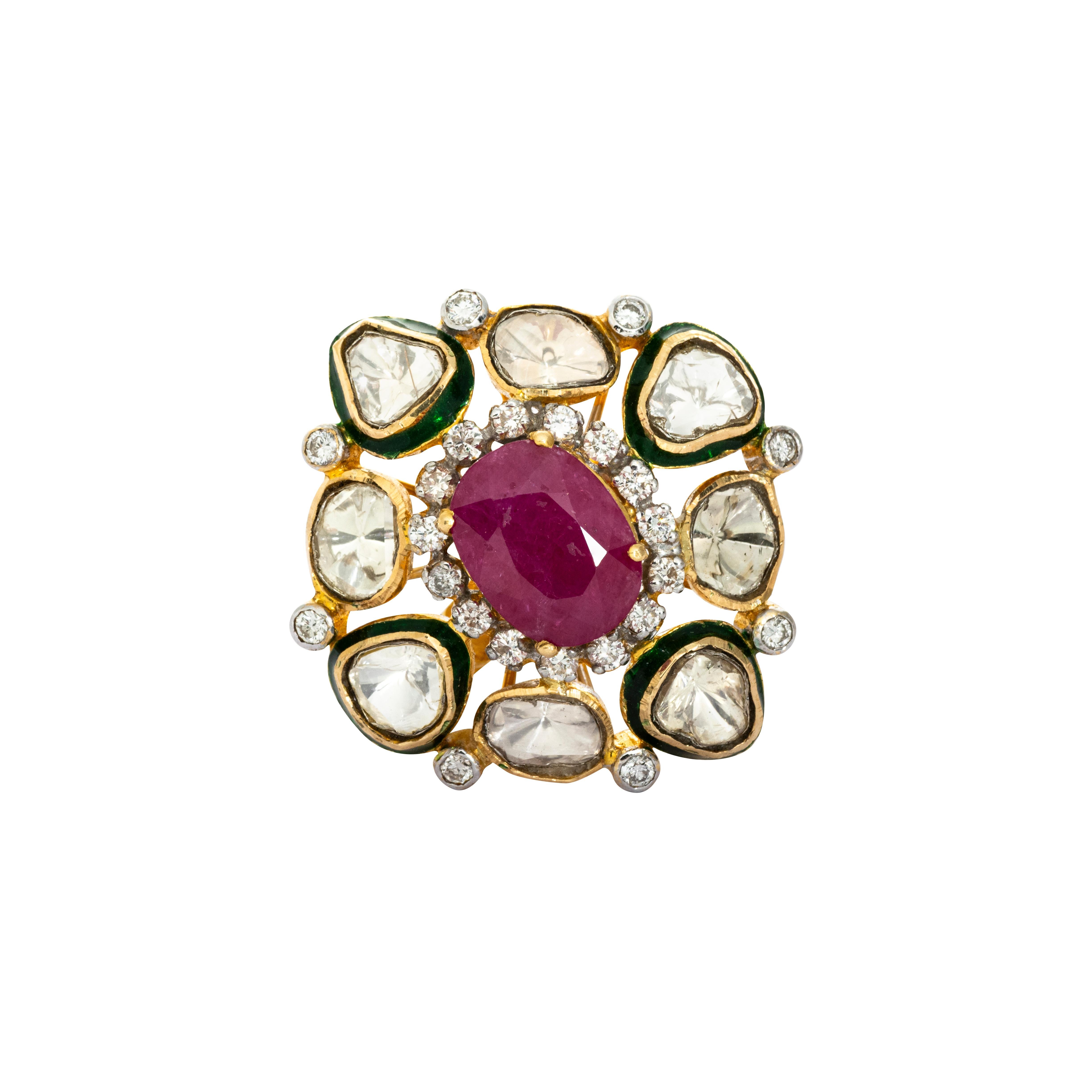 18 Karat Yellow Gold Ruby Diamond And Enamel Cocktail Ring

Indian tradition fuses with contemporary design in the beautiful cocktail ring. Set in 18 Karat yellow gold it is studded with brilliant cut round diamonds, uncut (polki cut) diamonds and