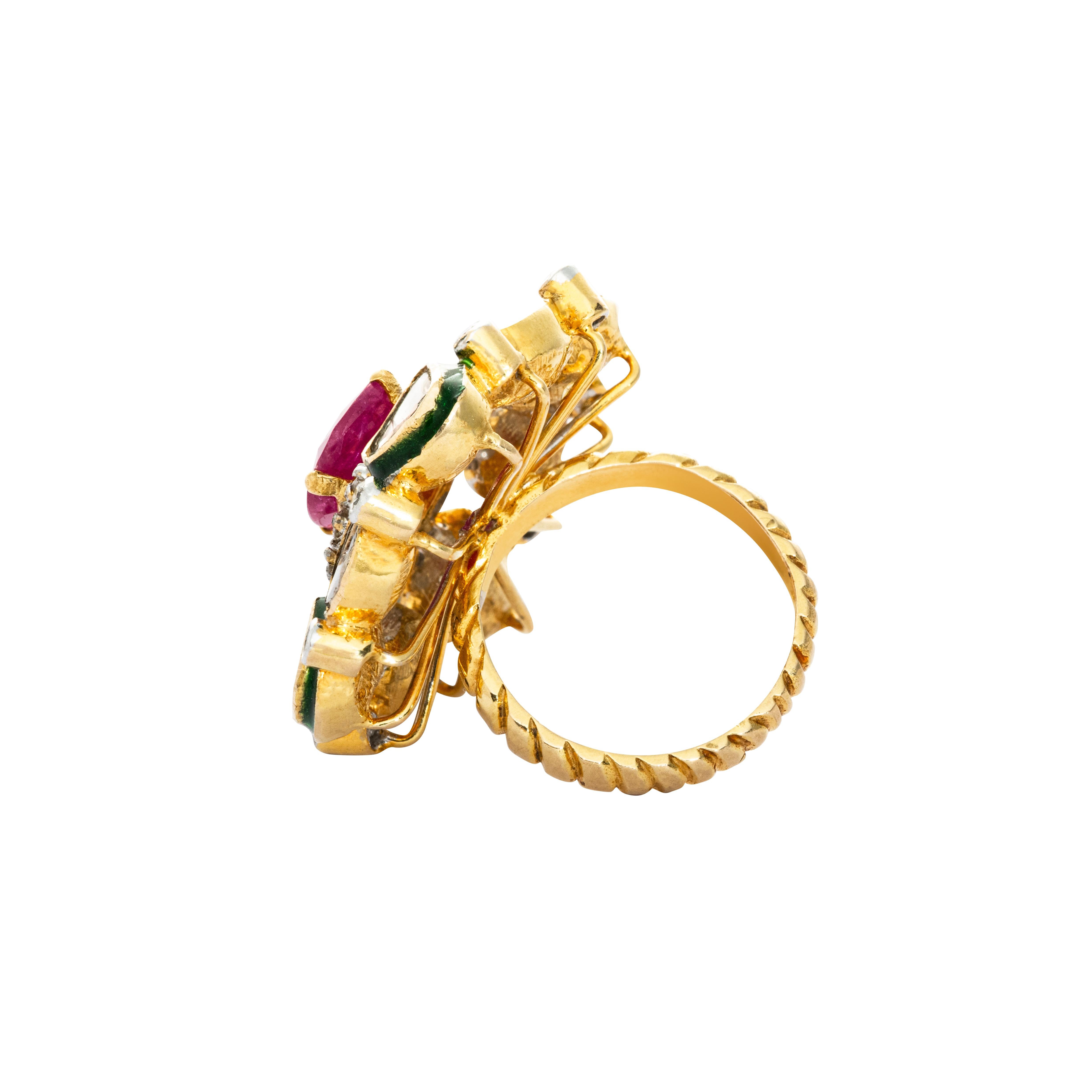 Contemporary 18 Karat Yellow Gold Ruby Diamond and Enamel Cocktail Ring For Sale