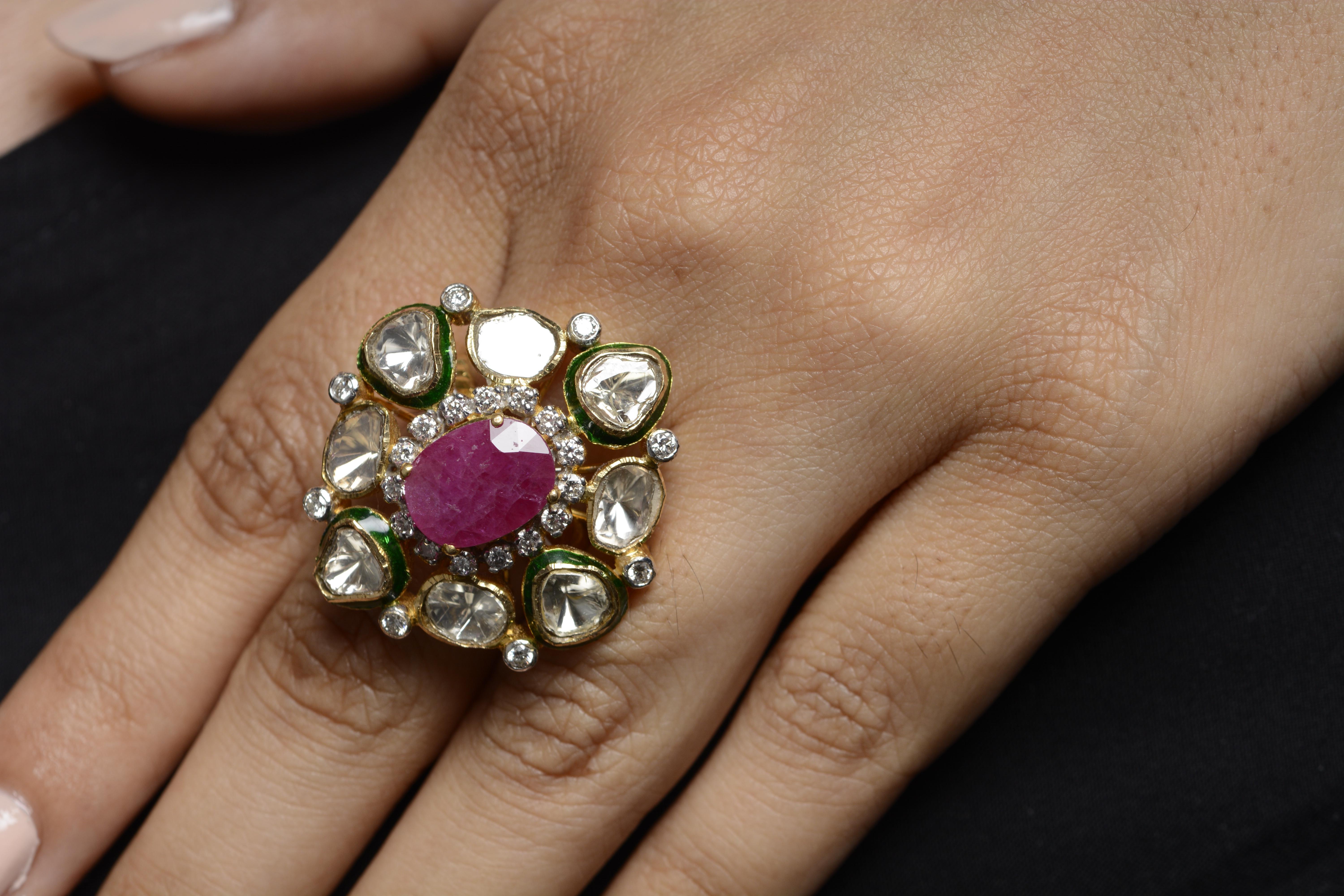 Mixed Cut 18 Karat Yellow Gold Ruby Diamond and Enamel Cocktail Ring For Sale