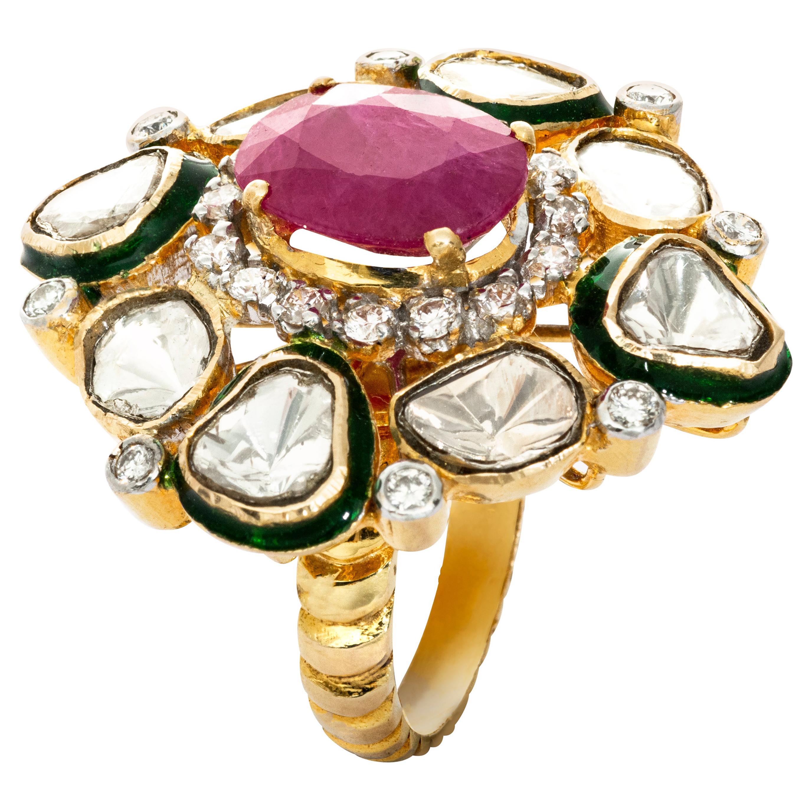 18 Karat Yellow Gold Ruby Diamond and Enamel Cocktail Ring For Sale