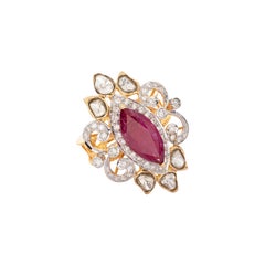 18 Karat Yellow Gold Ruby Diamond and Uncut Diamond Cocktail Ring