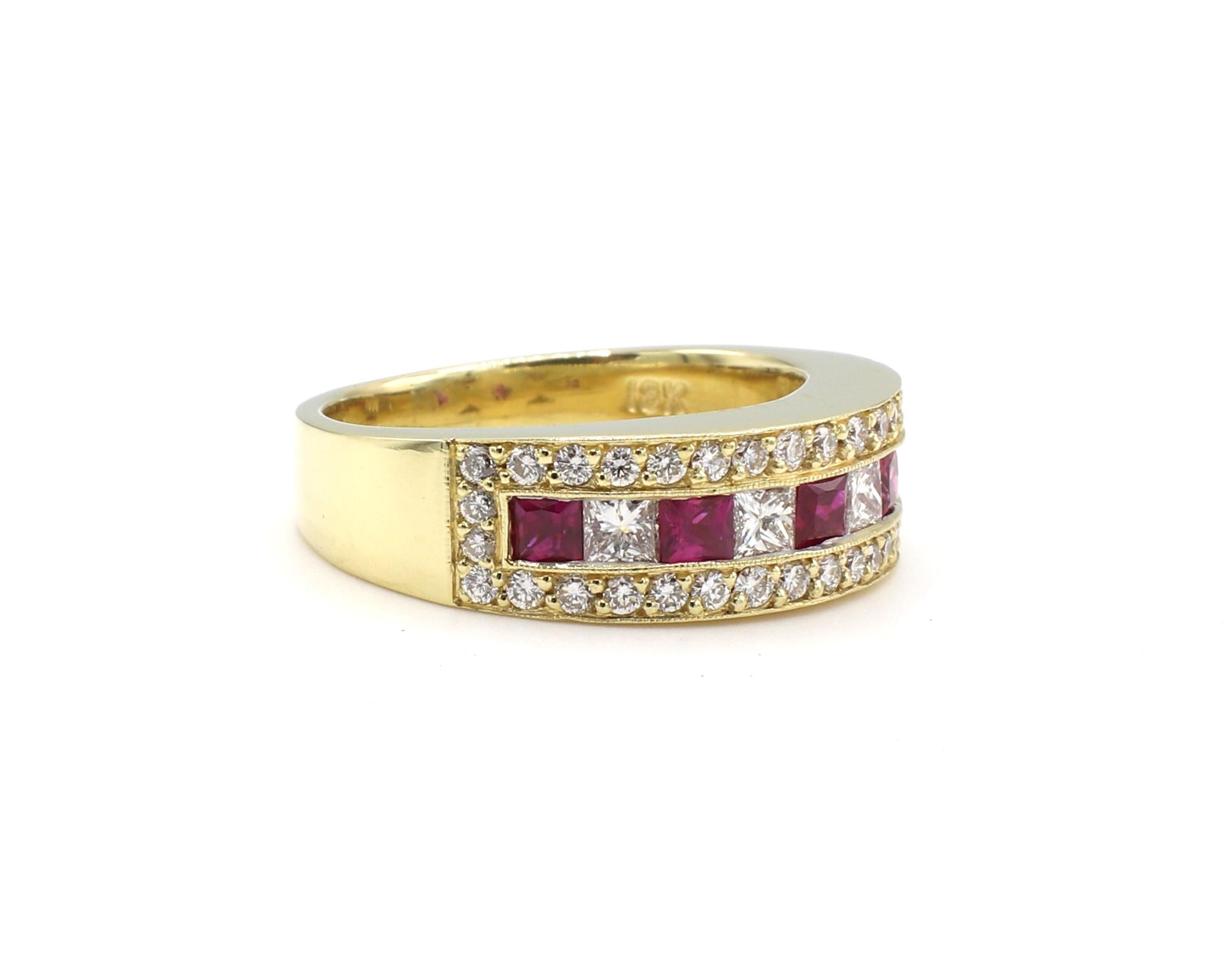 18 Karat Yellow Gold Ruby & Diamond Band Ring 
Metal: 18k yellow gold
Weight: 9.53 grams
Diamonds: Approx. .40 CTW G VS round and princess cut diamonds
Ruby: Approx. .60 CTW
Size: 7.75 (US)
Width: 4 - 7mm
