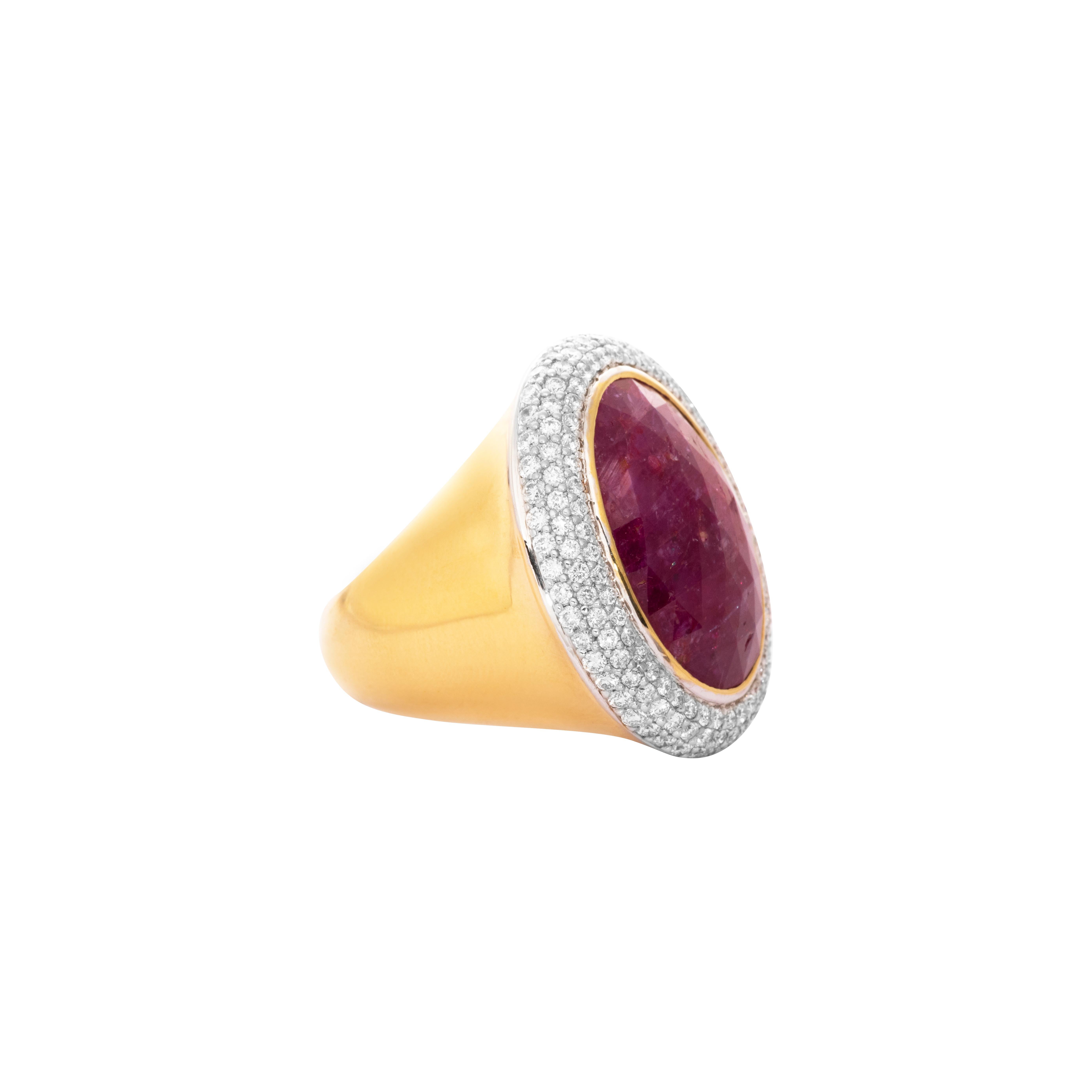18 Karat Yellow Gold Ruby Diamond Cocktail Ring

Big & Bold, this cocktail ring set in 18 Karat yellow gold studded with a natural ruby and accentuated by diamonds is a definite eye catcher. It is ideal for evening wear and cocktails.

Ruby -