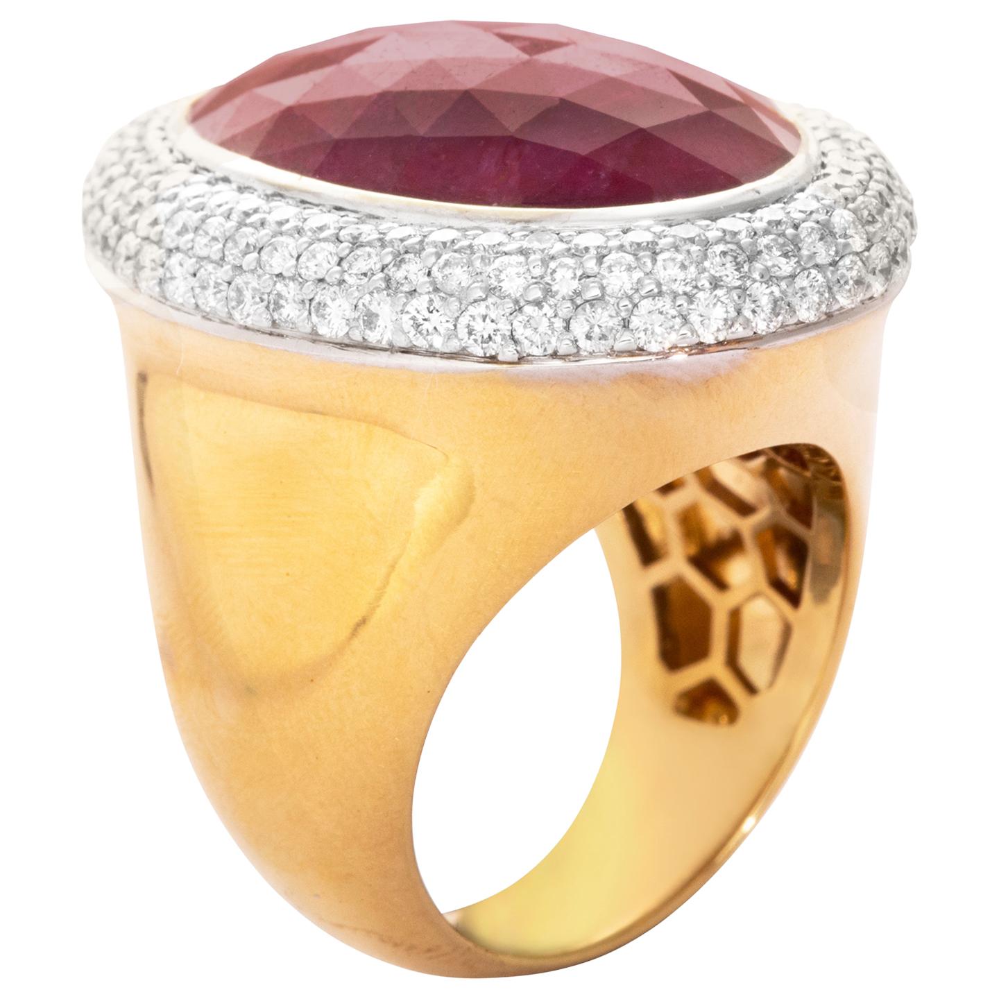 18 Karat Yellow Gold Ruby Diamond Cocktail Ring For Sale