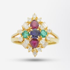 18 Karat Yellow Gold, Ruby, Diamond, Emerald & Sapphire Ring
