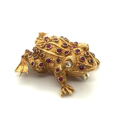 18 Karat Yellow Gold Ruby Diamond Frog Pin Brooch by Meister