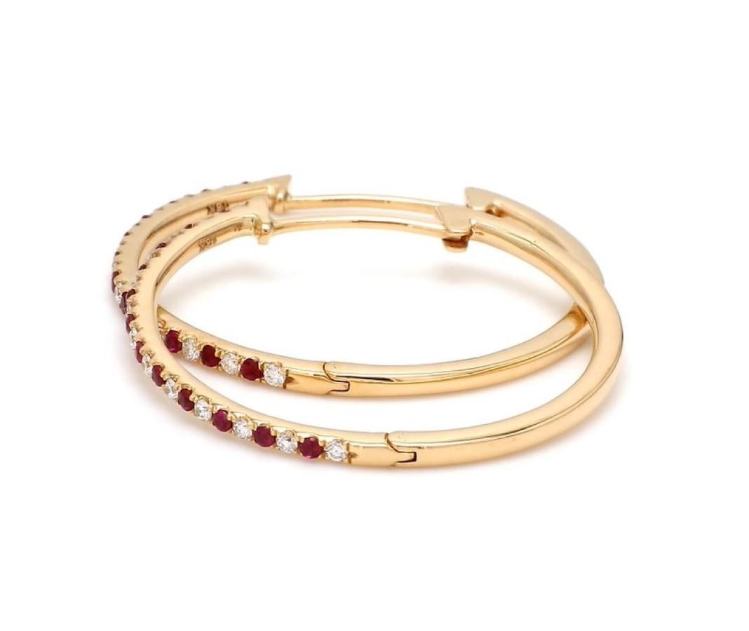 Contemporary 18 Karat Yellow Gold Ruby Diamond Hoop Earring For Sale