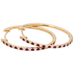 18 Karat Yellow Gold Ruby Diamond Hoop Earring 18 Karat Yellow Gold Ruby Diamond Hoop Earring