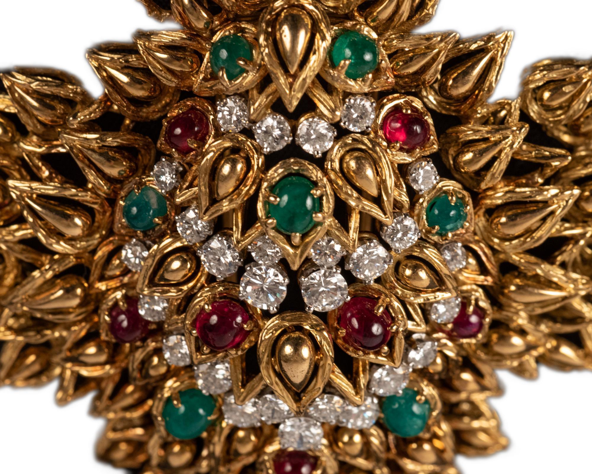 French 18-Karat Yellow Gold, Ruby, Emerald and Diamond Brooch / Pendant