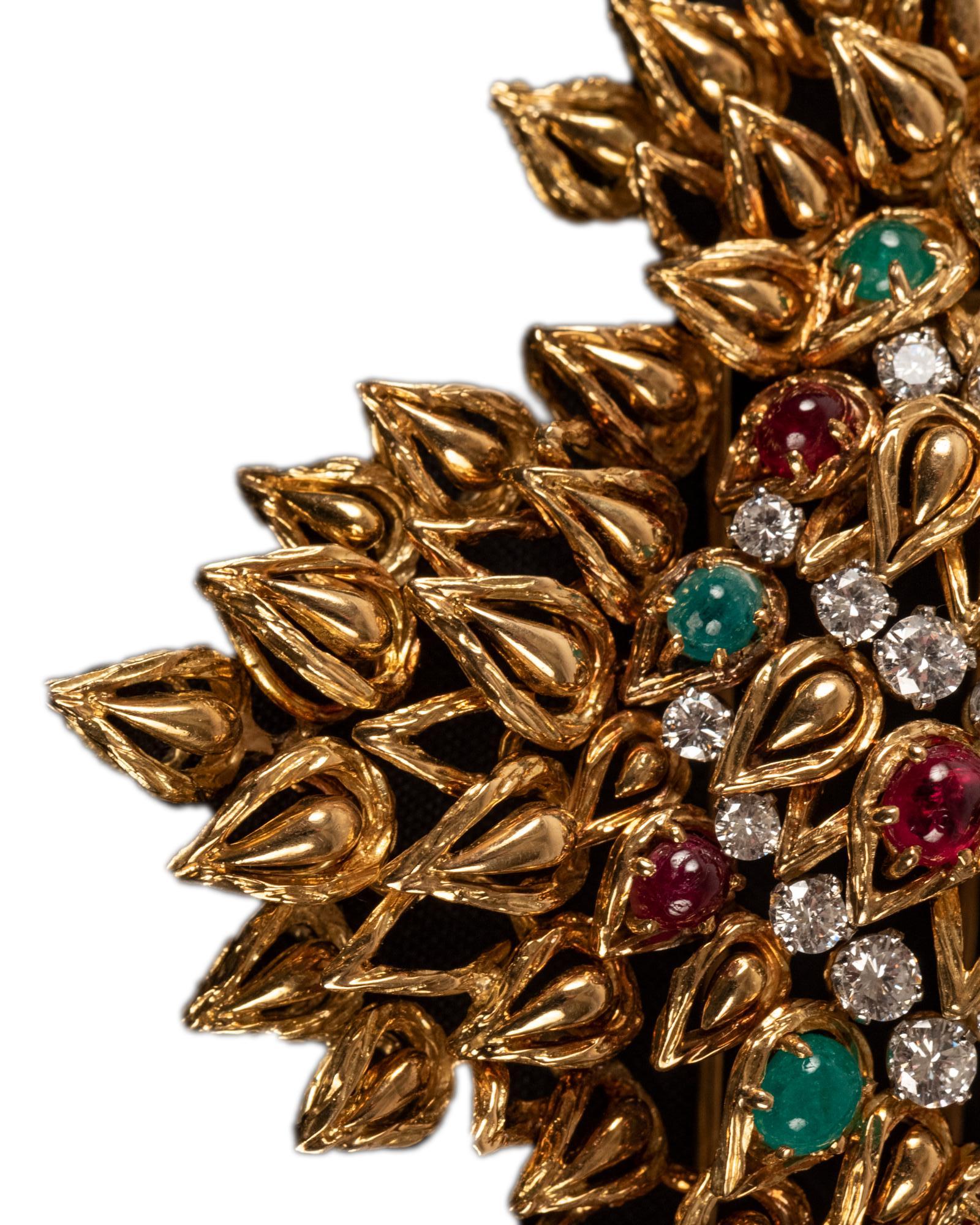 20th Century 18-Karat Yellow Gold, Ruby, Emerald and Diamond Brooch / Pendant