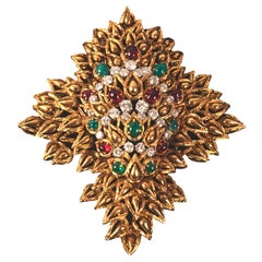 Vintage 18-Karat Yellow Gold, Ruby, Emerald and Diamond Brooch / Pendant