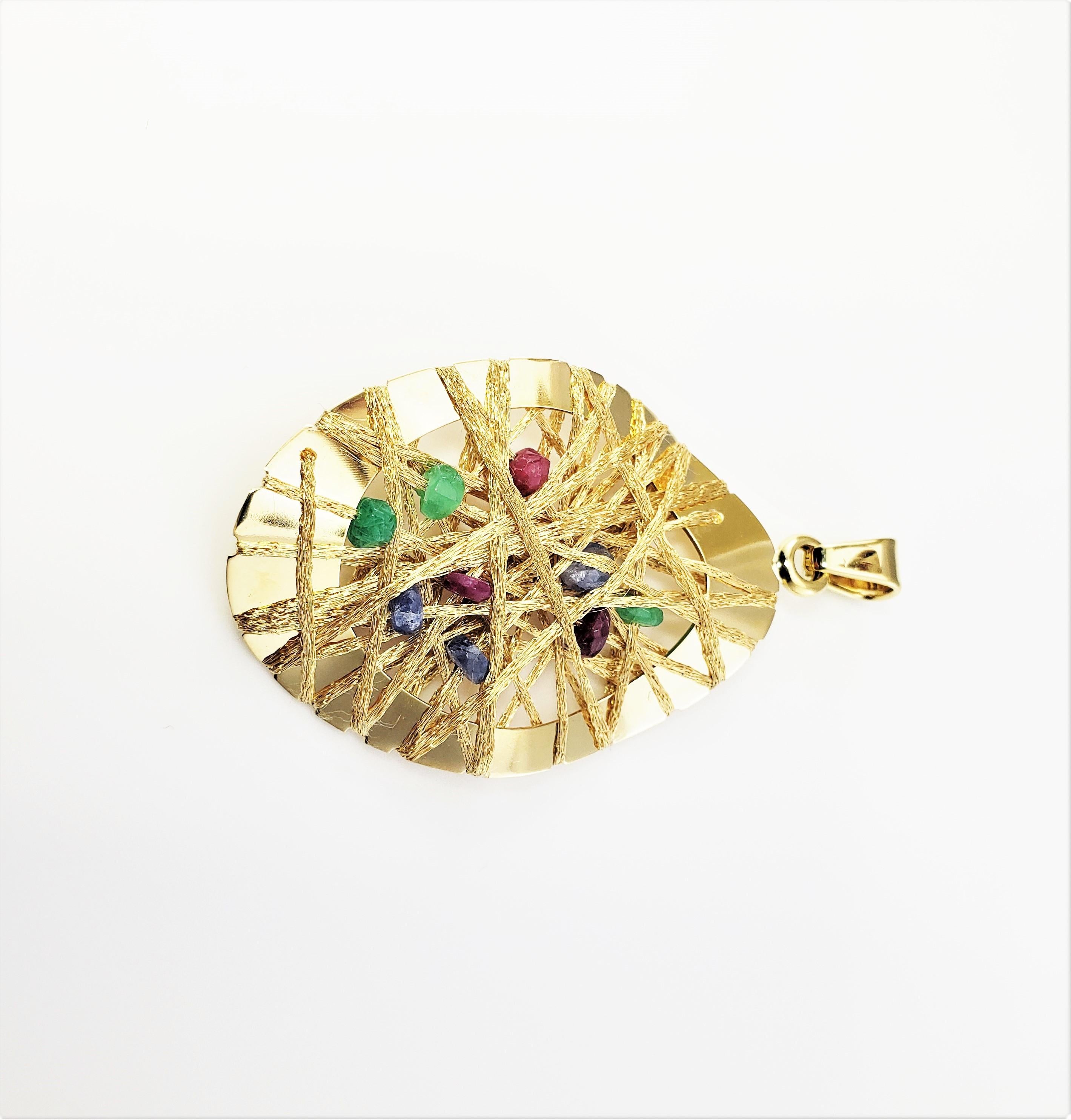 Rough Cut 18 Karat Yellow Gold, Ruby, Emerald and Sapphire Pendant
