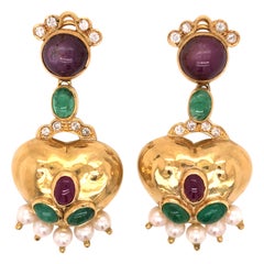 18 Karat Yellow Gold Ruby Emerald Diamond Earrings