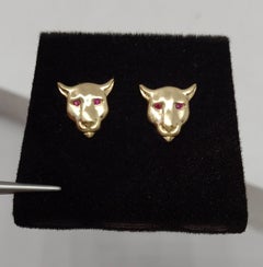 18 Karat Yellow Gold Ruby Eyes Colorado Cougar Stud Earrings