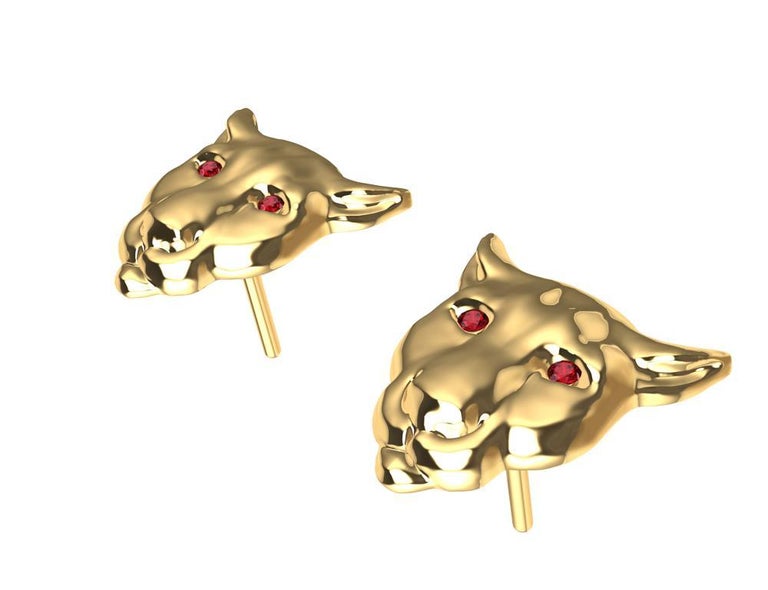 Round Cut 18 Karat Yellow Gold Ruby Eyes Colorado Cougar Stud Earrings For Sale