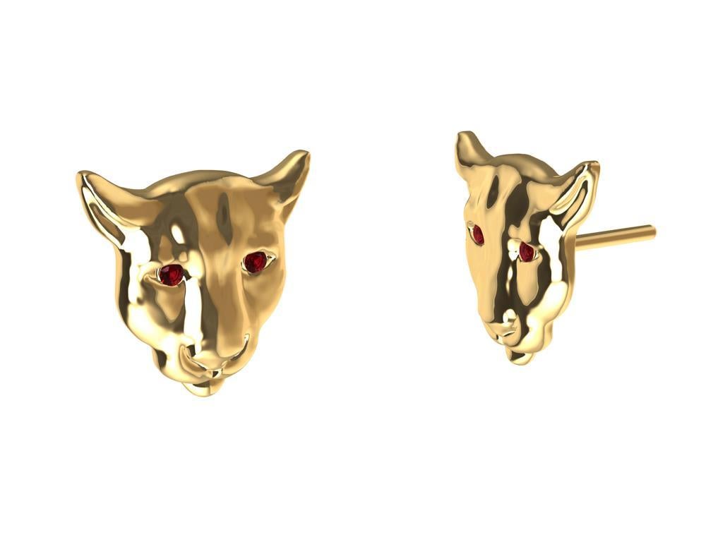 Contemporary 18 Karat Yellow Gold Ruby Eyes Colorado Cougar Stud Earrings For Sale
