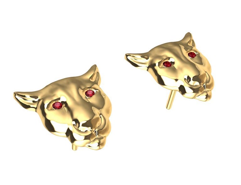 18 Karat Yellow Gold Ruby Eyes Colorado Cougar Stud Earrings For Sale 1