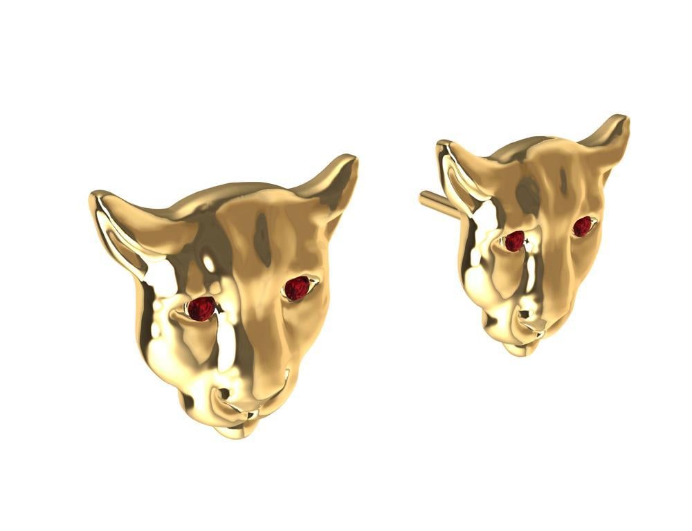 18 Karat Yellow Gold Ruby Eyes Colorado Cougar Stud Earrings In New Condition For Sale In New York, NY