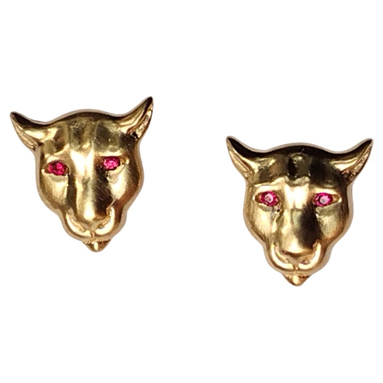 18 Karat Yellow Gold Ruby Eyes Colorado Cougar Stud Earrings For Sale
