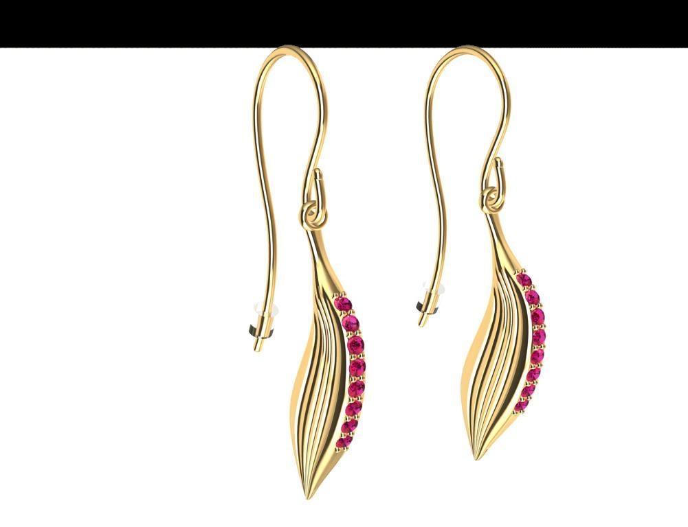 18 Karat Yellow Gold Ruby Feather Earrings For Sale 1