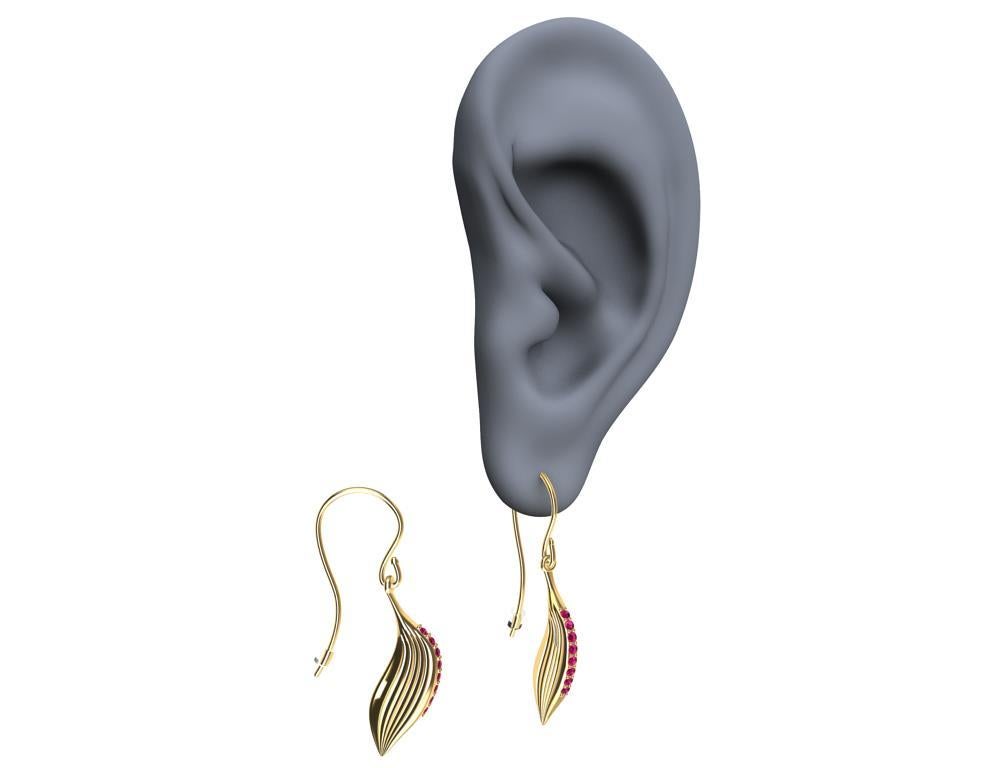 Contemporary 18 Karat Yellow Gold Ruby Feather Earrings For Sale
