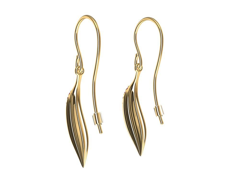 Women's 18 Karat Yellow Gold Ruby Feather Earrings For Sale