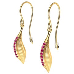 18 Karat Yellow Gold Ruby Feather Earrings
