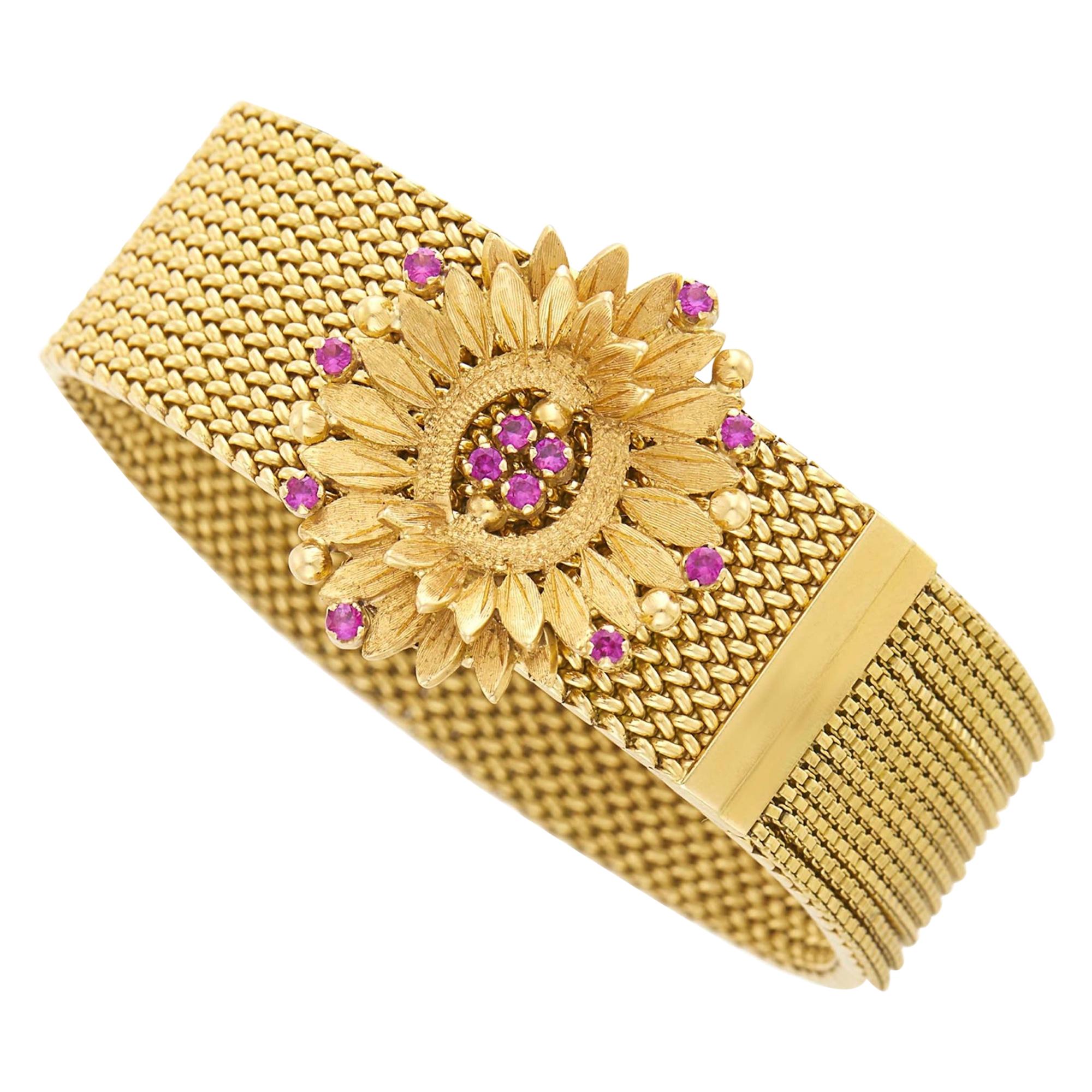 18 Karat Yellow Gold Ruby Flower Slide Mesh Bracelet For Sale
