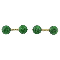 Vintage 18 Karat Yellow Gold Ruby Jade Sphere Cufflinks