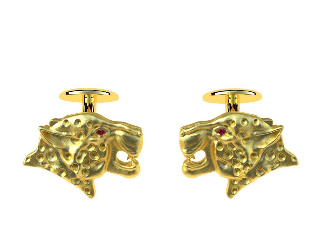 18 Karat Yellow Gold Ruby Leopard Cufflinks, These come from my Feline Collection. I am fascinated with all kinds of wild cats. The leopard can reach a speed of 60 km.h  or 40 mph, but only for a limited time before overheating.  These ruby's are A