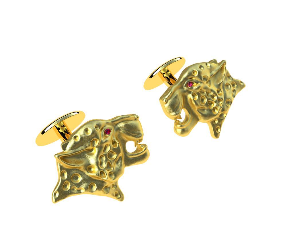 Contemporary 18 Karat Yellow Gold Ruby Leopard Cufflinks For Sale