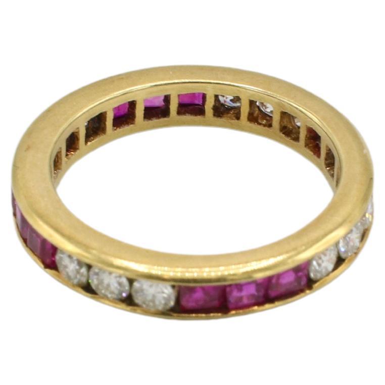 Modern 18 Karat Yellow Gold Ruby & Natural Diamond Wedding Band Ring For Sale
