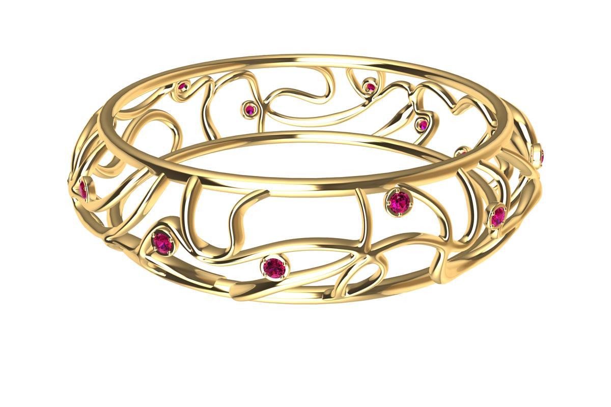 18 Karat Yellow Gold Ruby Oceans Bangle,  14- 3mm Rubies AA diamond cut . 1.86ct wt AGTA.   My favorite place on earth. The ocean with sparkling rubies. As unpredictable as the ocean. Different every time with its currents, riptides, and the moon's