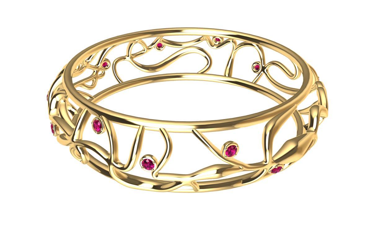 Round Cut 18 Karat Yellow Gold Ruby Oceans Bangle For Sale