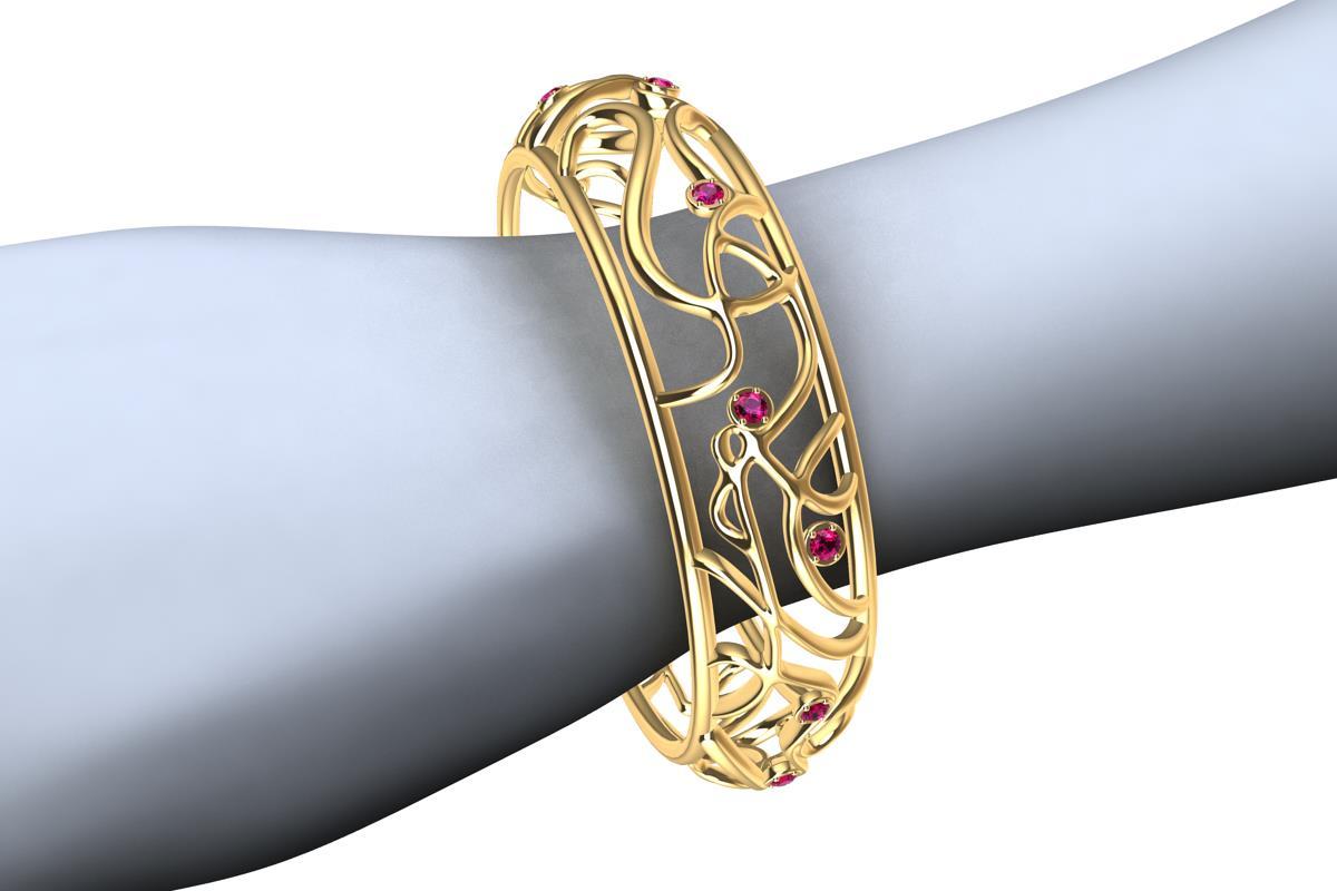 Women's or Men's 18 Karat Yellow Gold Ruby Oceans Bangle For Sale