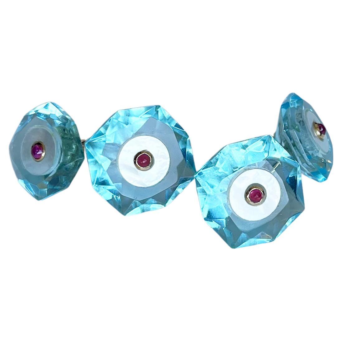 18 Karat Yellow Gold Ruby Pale Blue Topaz Mother of Pearl Octagonal Cufflinks For Sale