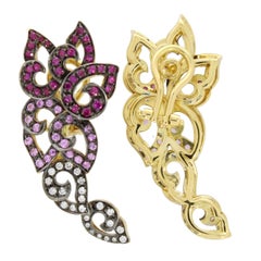 18 Karat Yellow Gold Ruby Pink Sapphire and Diamond Kashmir Swirl Earrings