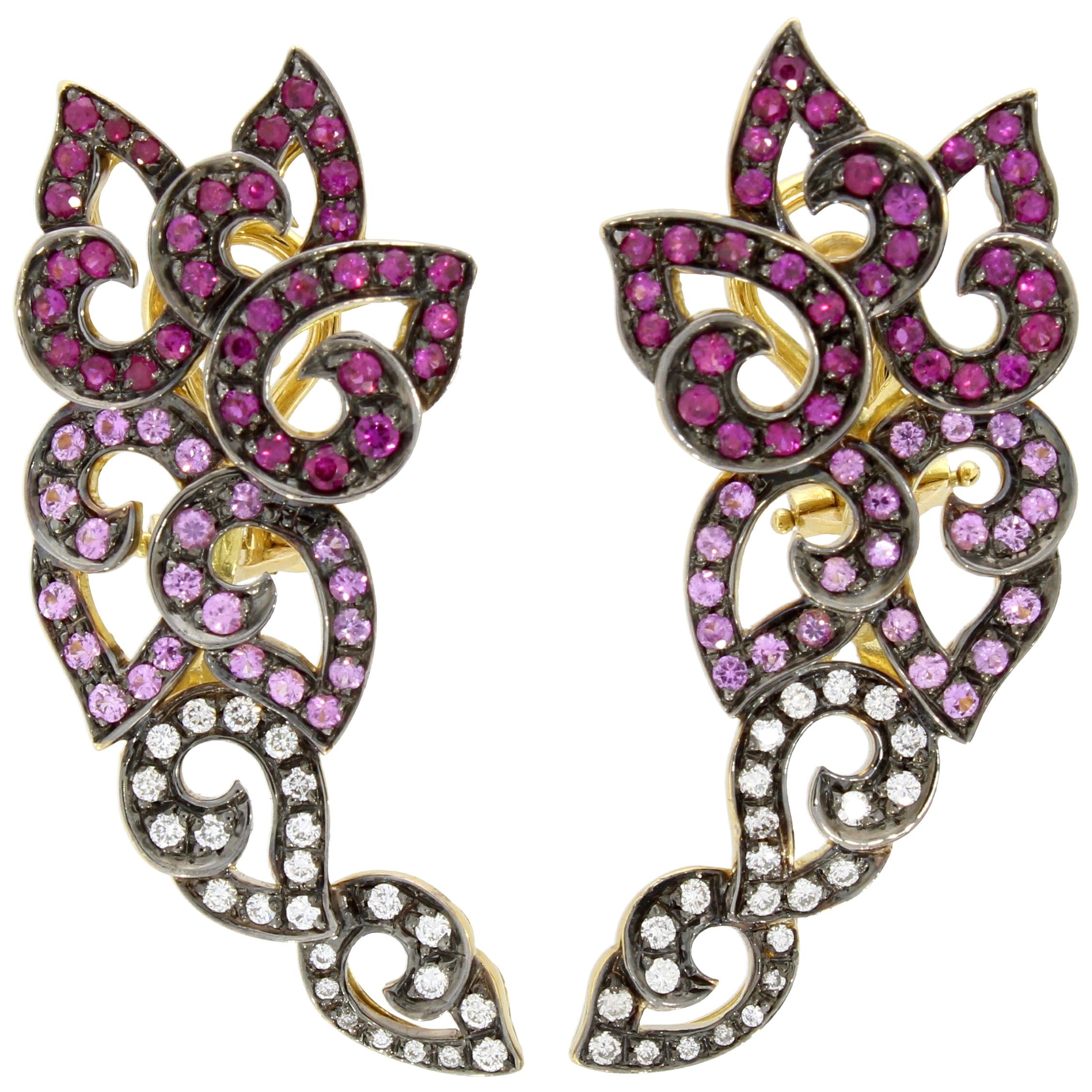 18 Karat Yellow Gold Ruby Pink Sapphire and Diamond Kashmir Swirl Earrings For Sale