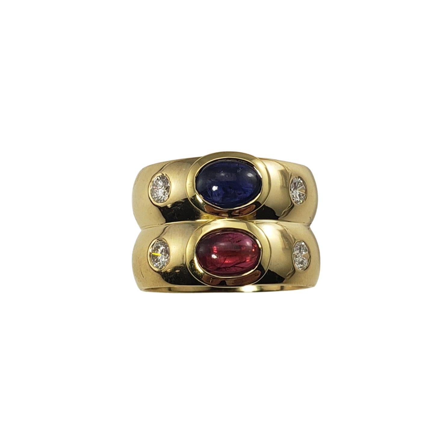 Vintage 18 Karat Yellow Gold Natural Ruby, Sapphire and Diamond Ring Size 8-

This stunning ring features one oval cabochon ruby, one oval cabochon sapphire ( 7 mm x 5 mm each) and four round brilliant cut diamonds set in classic 18K yellow gold. 