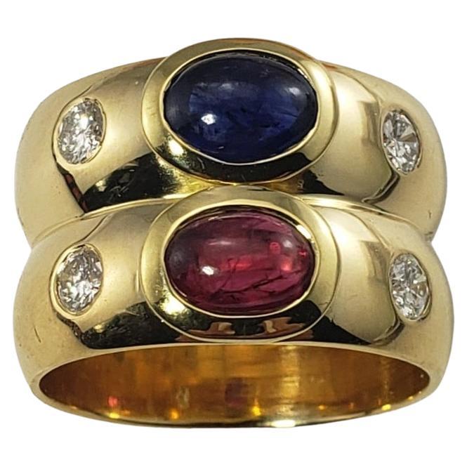 18 Karat Yellow Gold Natural Ruby, Sapphire and Diamond Ring For Sale