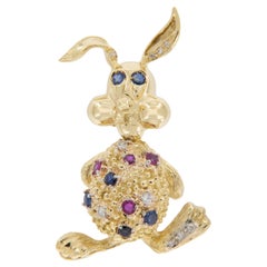 18 Karat Gelbgold Rubin Saphir Diamant Hasenbrosche